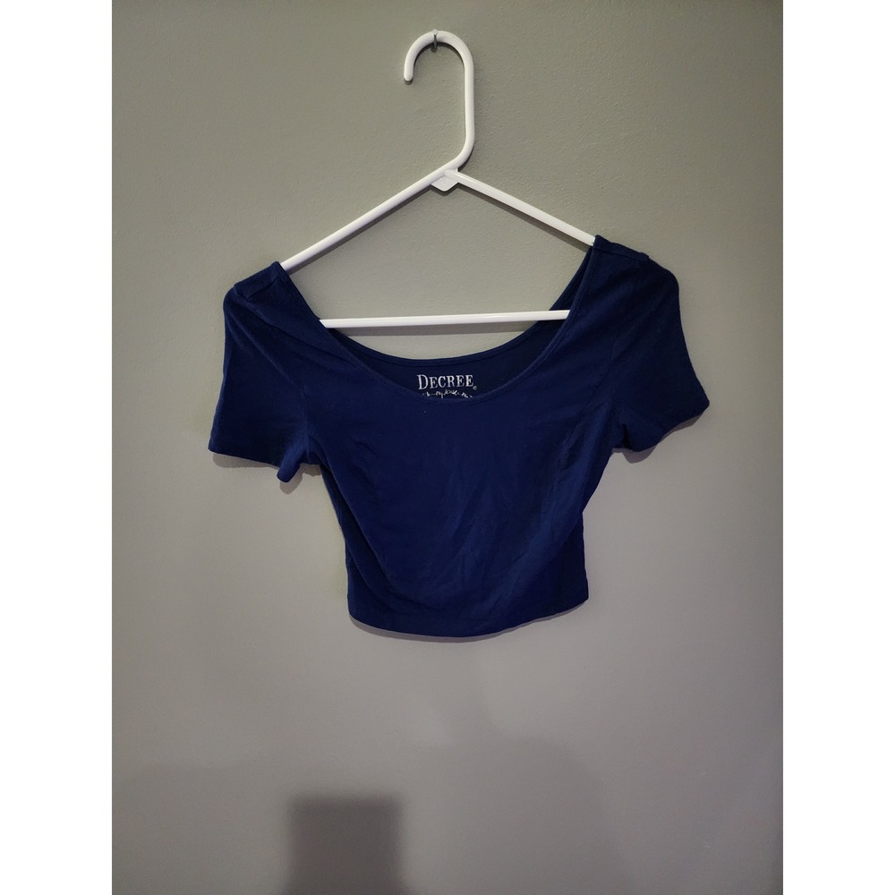 Decree Womens Navy Blue Short Sleeve Scoop Neck Crop Top Size Small